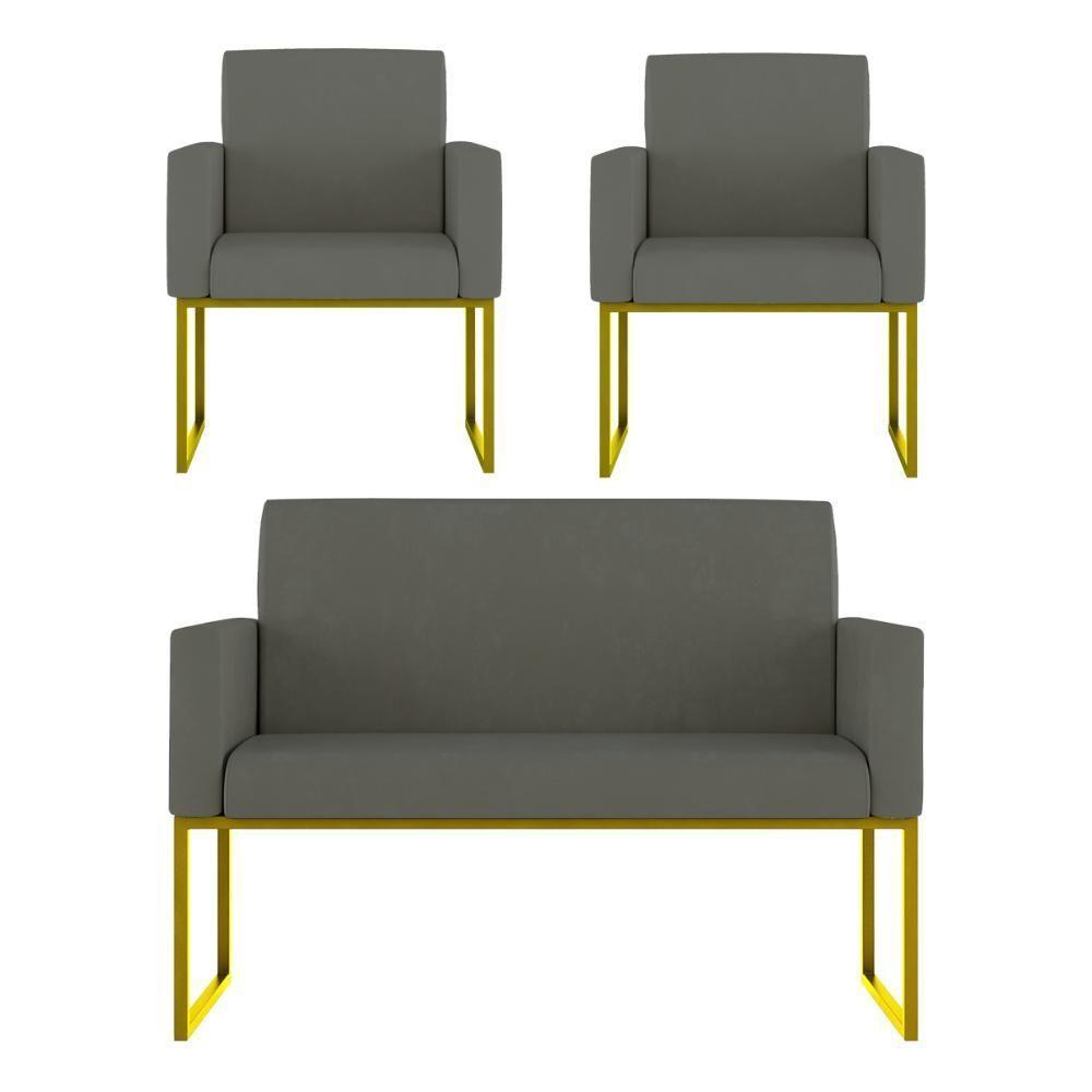 Kit 2 Poltronas + Namoradeira Lugares Recepção Base Dourada Cinza - 1