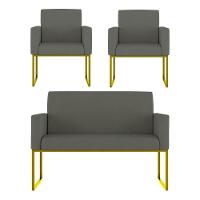 Kit 2 Poltronas + Namoradeira Lugares Recepção Base Dourada Cinza - 1