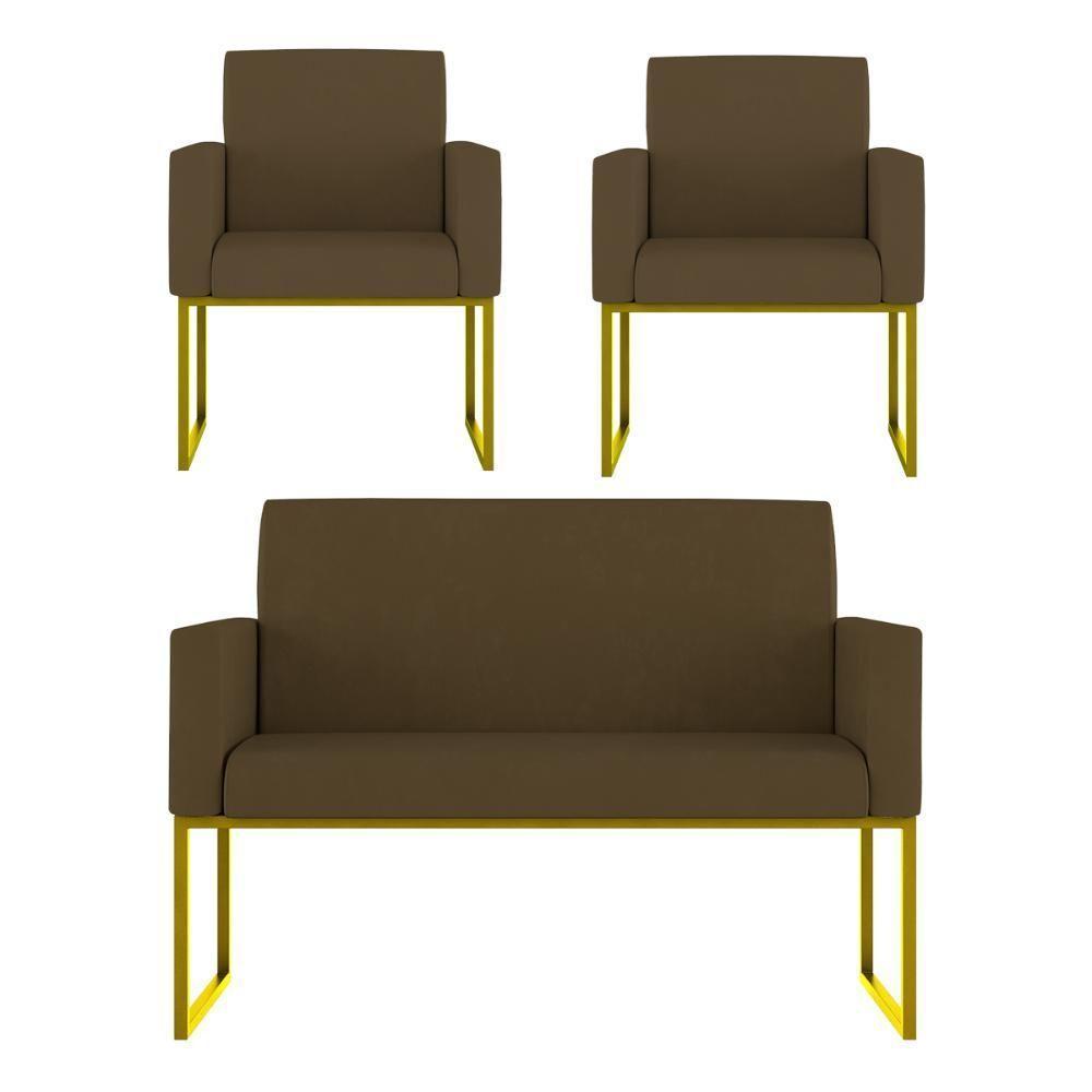 Kit 2 Poltronas + Namoradeira Lugares Recepção Base Dourada Marrom - 1