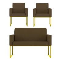 Kit 2 Poltronas + Namoradeira Lugares Recepção Base Dourada Marrom - 1