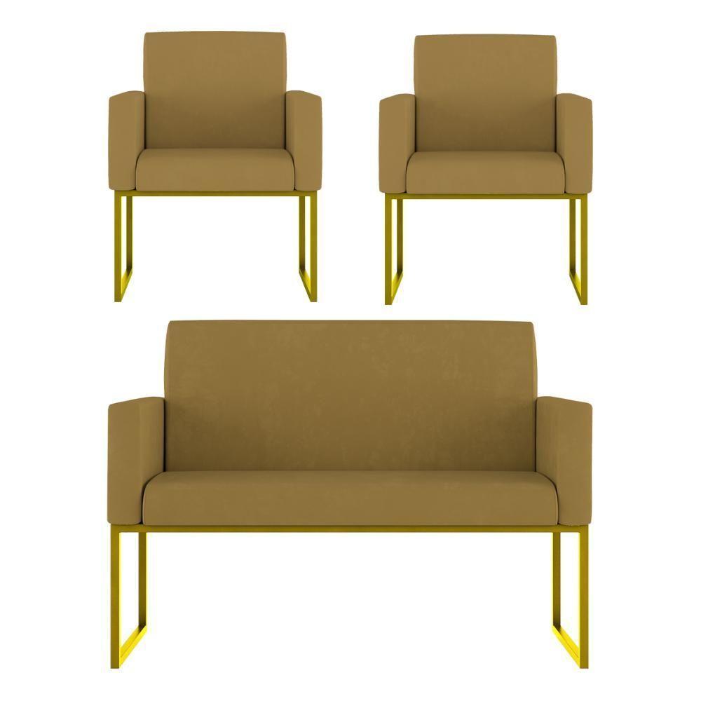 Kit 2 Poltronas + Namoradeira Lugares Recepção Base Dourada Capuccino - 1