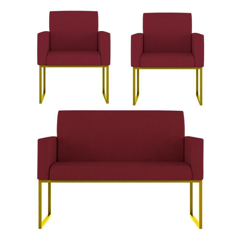 Kit Poltronas Namoradeira Lugares Recepção Base Dourada Marsala - 1