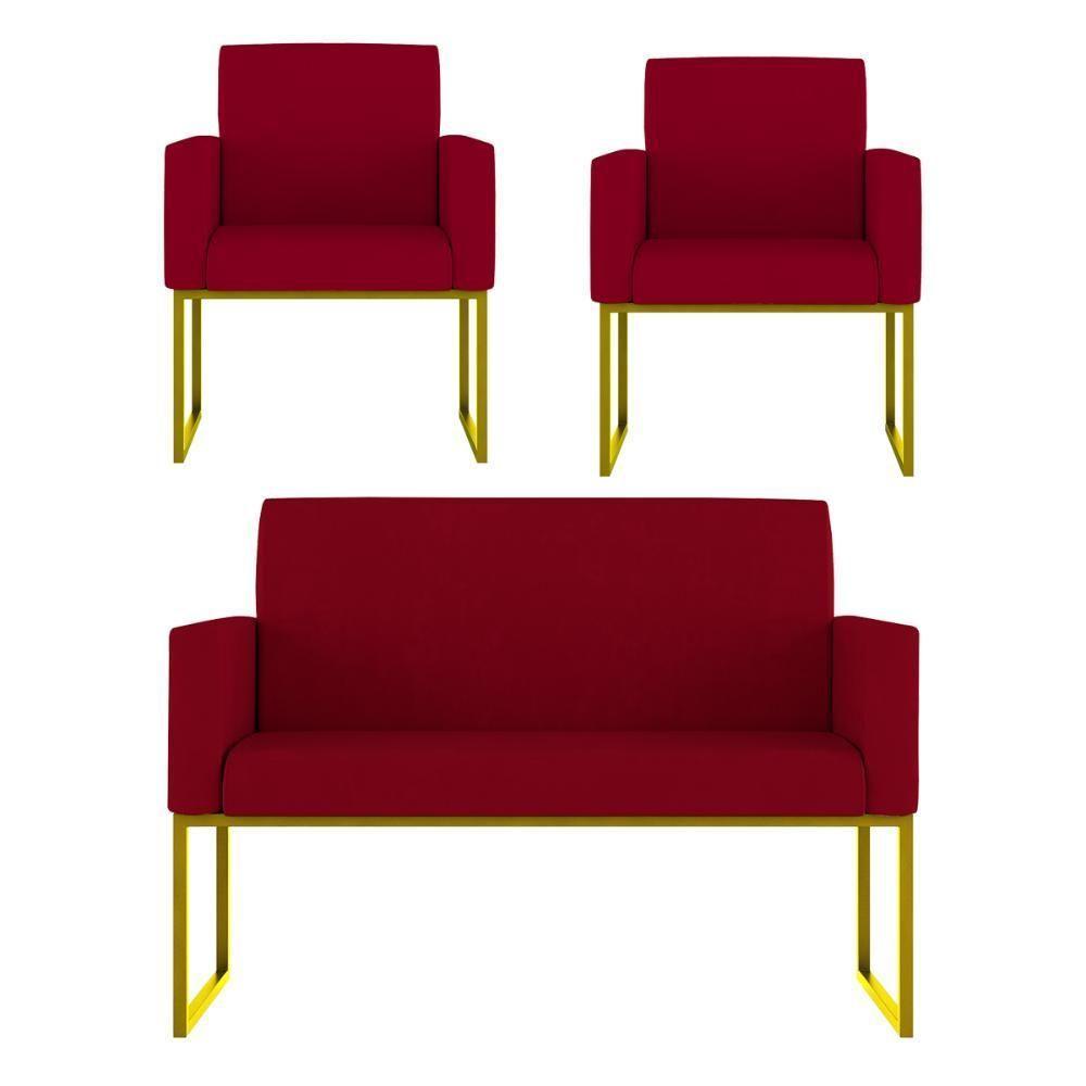 Kit 2 Poltronas + Namoradeira 2 Lugares Recepção Base Dourada Vermelho - 1