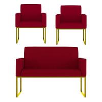 Kit 2 Poltronas + Namoradeira 2 Lugares Recepção Base Dourada Vermelho - 1