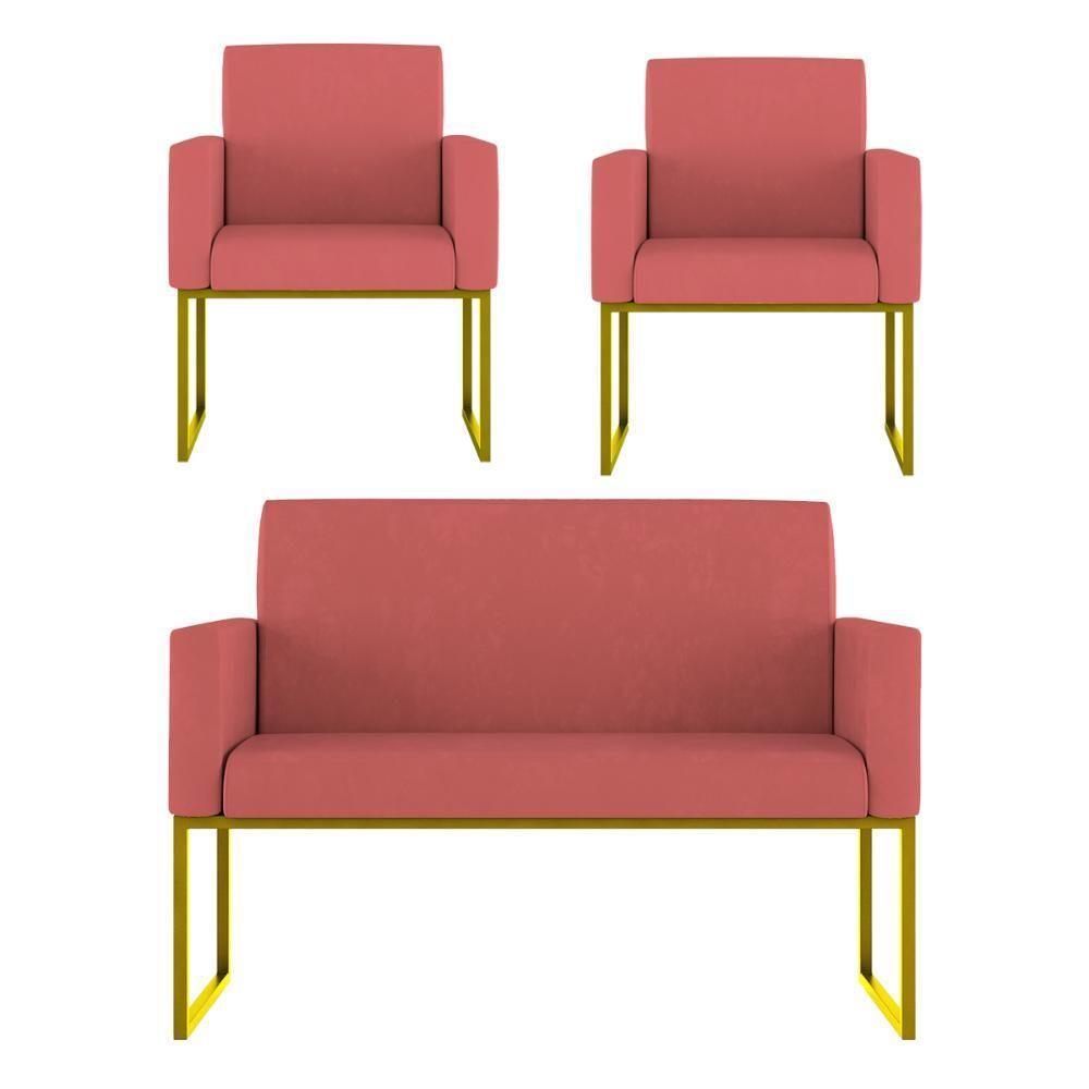 Kit 2 Poltronas + Namoradeira Lugares Recepção Base Dourada Rosa - 1