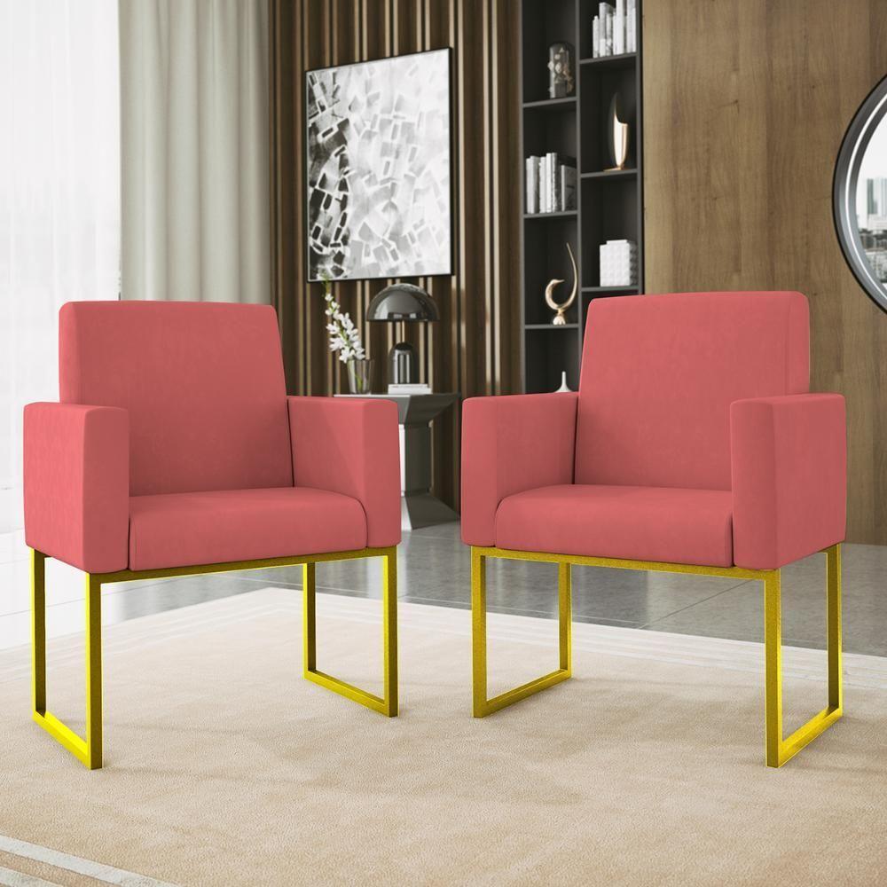 Kit 2 Poltronas + Namoradeira Lugares Recepção Base Dourada Rosa - 4