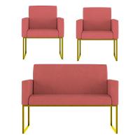 Kit 2 Poltronas + Namoradeira Lugares Recepção Base Dourada Rosa - 1