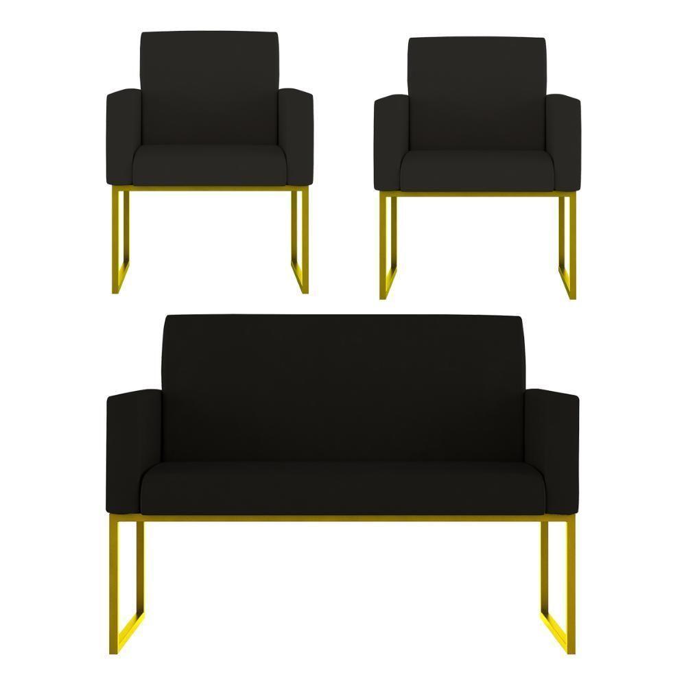 Kit 2 Poltronas + Namoradeira Lugares Recepção Base Dourada Preto - 1