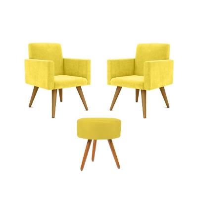 Kit 2 Poltronas Decorativa Consultorio Nina Com Puff Balaqui Amarelo