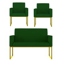 Kit 2 Poltronas + Namoradeira Lugares Recepção Base Dourada Verde - 1