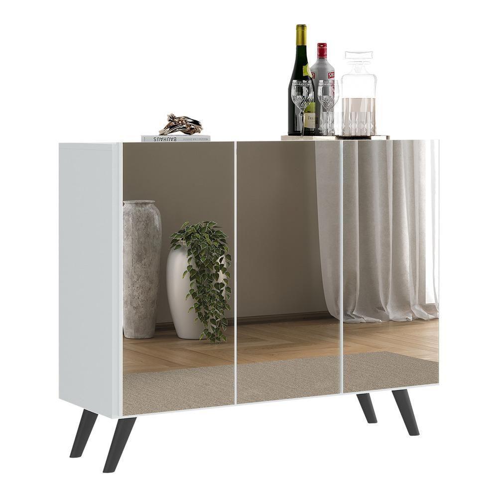 Aparador Buffet 2 Portas Com Espelho Retrô Vegas V3613 Branco/Preto Branco/Preto - 1