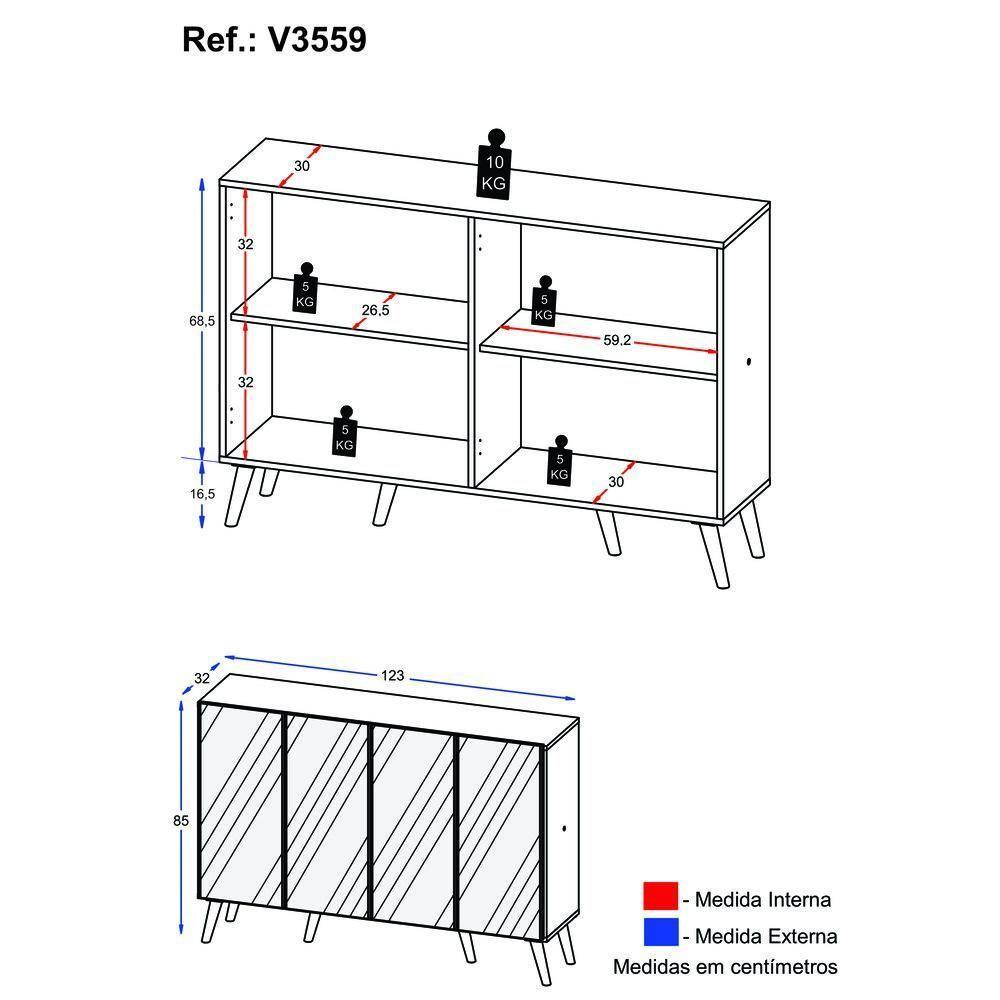Aparador Buffet 2 Portas Com Espelho Retrô Vegas V3613 Branco/Preto Branco/Preto - 8