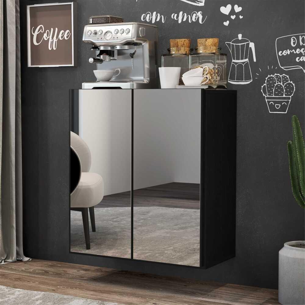 Aparador Buffet 2 Portas Com Espelho Suspenso Vegas V3612 Preto Preto - 5