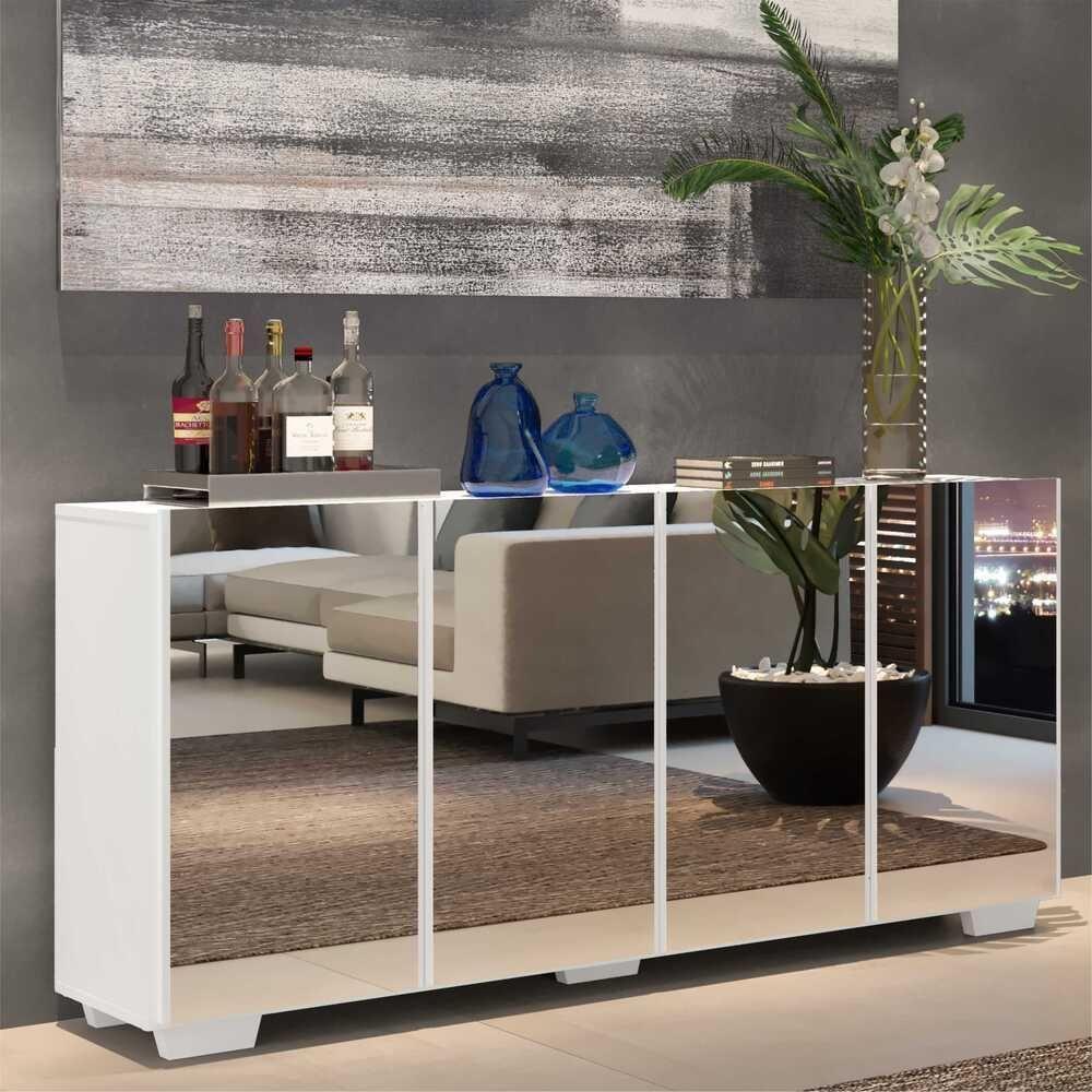 Aparador Buffet 2 Portas Com Espelho E Pés Quadrados Vegas V3614 Branco Branco - 8