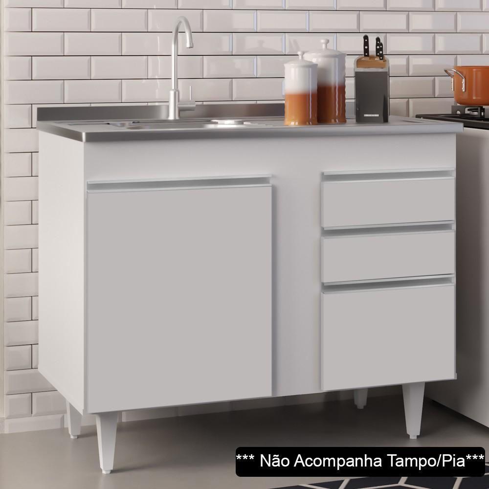 Balcão Gabinete 100cm Sem Tampo 3 Portas 2 Gavetas Luziania Branco - Lumil Móveis - 6