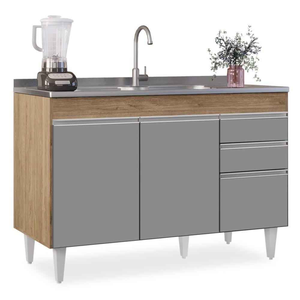 Balcão Gabinete Para Pia 120cm Sem Tampo 3 Portas 2 Gavetas Michigan Castanho/cinza - Lumil - 1