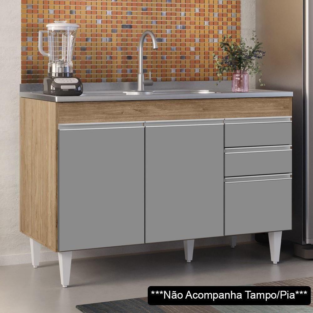Balcão Gabinete Para Pia 120cm Sem Tampo 3 Portas 2 Gavetas Michigan Castanho/cinza - Lumil - 3