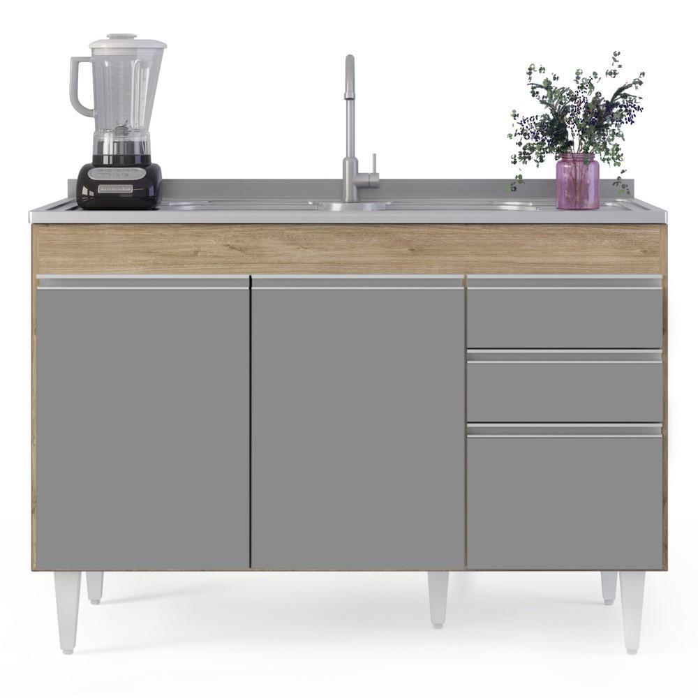 Balcão Gabinete Para Pia 120cm Sem Tampo 3 Portas 2 Gavetas Michigan Castanho/cinza - Lumil - 4