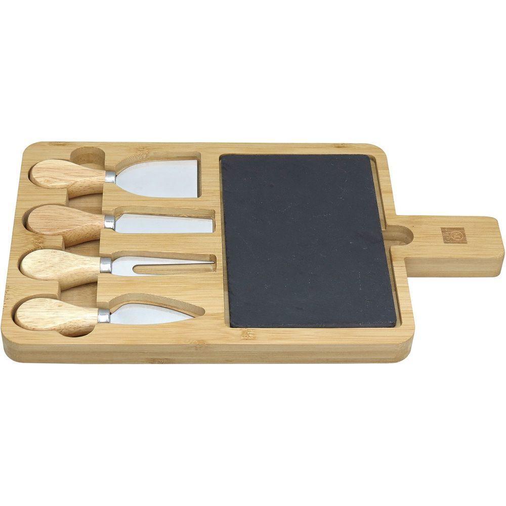 Jogo 4 Peças Para Queijo Home&co Com Tabua De Corte Em Ardosia Bambu Natural - 1