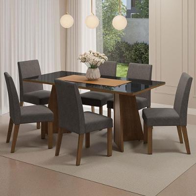 Conjunto de Jantar Valerie 6 Lugares Tampo de MDP com Vidro e Cadeiras Suede Rustic Preto Prata