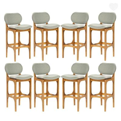 Kit 8 Banquetas Alta Estofada Rafine Madeira Maciça Castanho Linho Verde