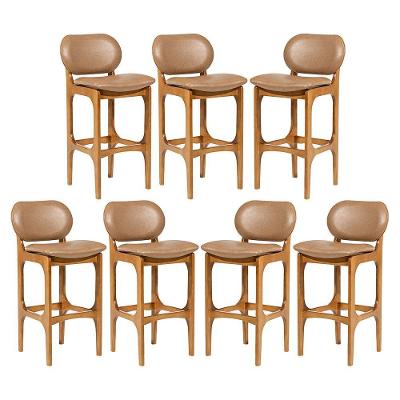 Kit 7 Banquetas Alta Estofada Rafine Madeira Castanho Tecido Impermeável Marrom