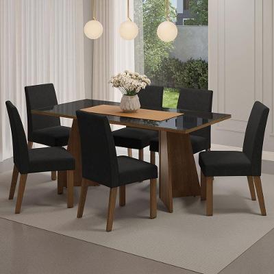 Conjunto de Jantar Valerie 6 Lugares Tampo de MDP e Vidro com Cadeiras Suede Rustic Preto Oxford