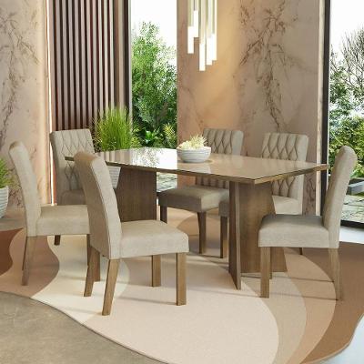 Conjunto de Jantar Marissa 6 Lugares Tampo de MDP com Vidro Rustic e Crema com Cadeiras Estofadas