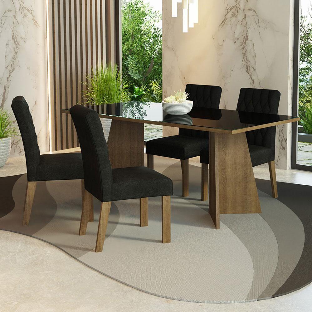 Conjunto Jantar Mesa Tampo Vidro 4 Cadeiras Rustic-preto - 1
