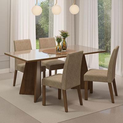 Conjunto de Jantar Taylor 4 Lugares Tampo de MDP e Vidro com Cadeiras Estofadas Marrom Rustic Creme