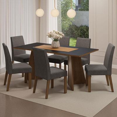 Conjunto de Jantar Simone 6 Lugares Tampo em MDP com Cadeiras Estofadas Rustic Preto Prata