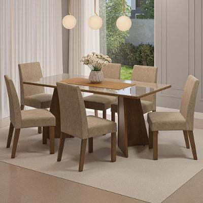 Conjunto de Jantar Valerie 6 Lugares Tampo de MDP e Vidro com Cadeiras Suede Rustic e Creme