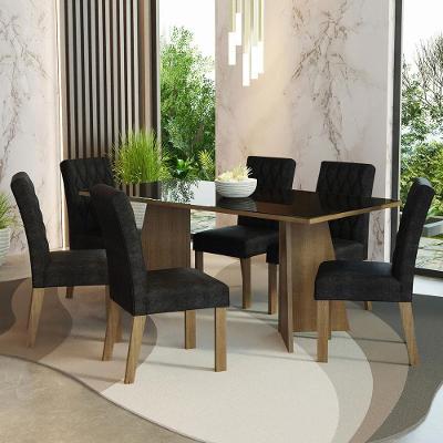 Conjunto de Jantar Marissa 6 Lugares Tampo de MDP e Vidro Rustic Preto Cinza 180cm