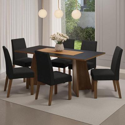 Conjunto de Jantar Simone 6 Lugares Tampo em MDP com Cadeiras Estofadas Rustic Preto Marrom