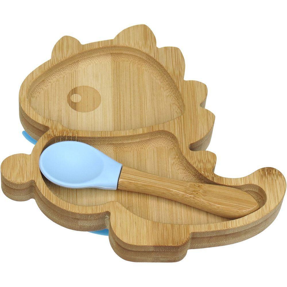 Prato Infantil Criança Bebê Com Colher E Ventosa Home&co Dinossauro Bambu 3x18x18cm Natural - 1