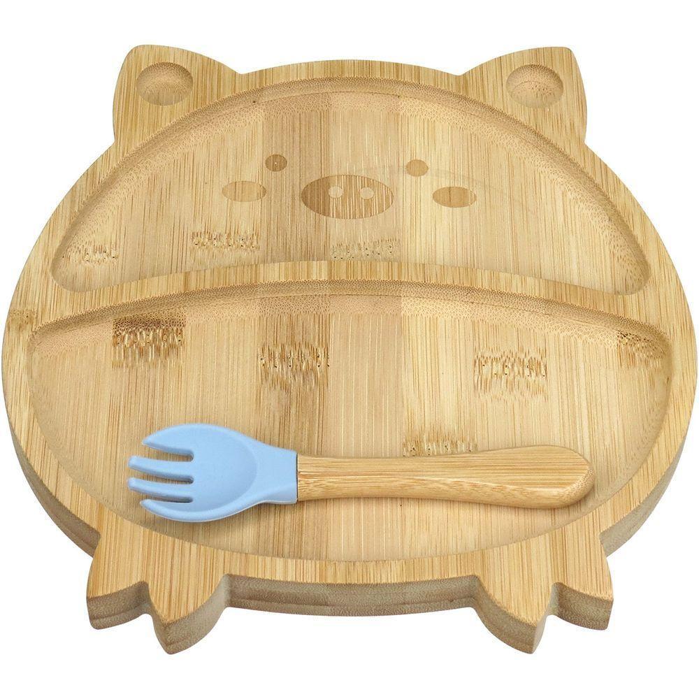 Prato Infantil Bebê Criança Com Garfo E Ventosa Home&co Porquinho Bambu 3x22x21cm Natural - 1
