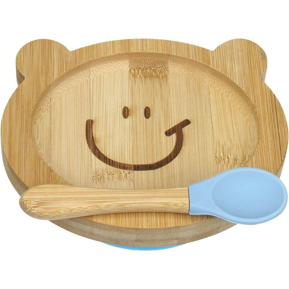 Prato Infantil Criança Bebê Com Colher E Ventosa Home&co Ursinho Bambu 3x16x13cm Natural - 1