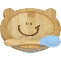 Prato Infantil Criança Bebê Com Colher E Ventosa Home&co Ursinho Bambu 3x16x13cm Natural - 1