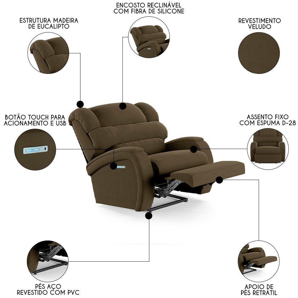 Poltrona Do Papai Reclinável Kalie Elétrica Botão Led Fh9 Veludo Capuccino - Mpozenato - 9