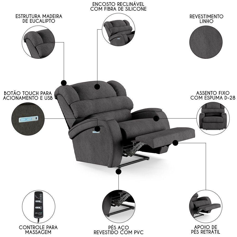 Poltrona Do Papai Reclinável Kalie Elétrica Botão Led Massagem Fh9 Linho Grafite - Mpozenato - 9