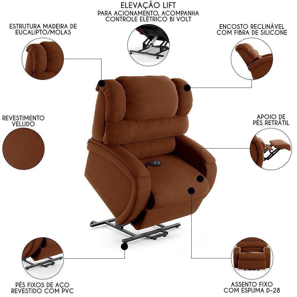 Poltrona Do Papai Reclinável Kalie Elevação Lift Elétrico Fh9 Veludo Terracota - Mpozenato - 7