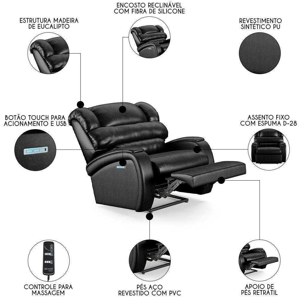 Poltrona Do Papai Reclinável Kalie Elétrica Botão Led Massagem Fh9 Pu Preto Brilho - Mpozenato - 7