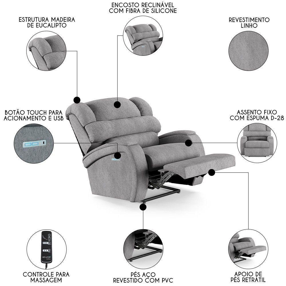 Poltrona Do Papai Reclinável Kalie Elétrica Botão Led Massagem Fh9 Linho Cinza - Mpozenato - 7