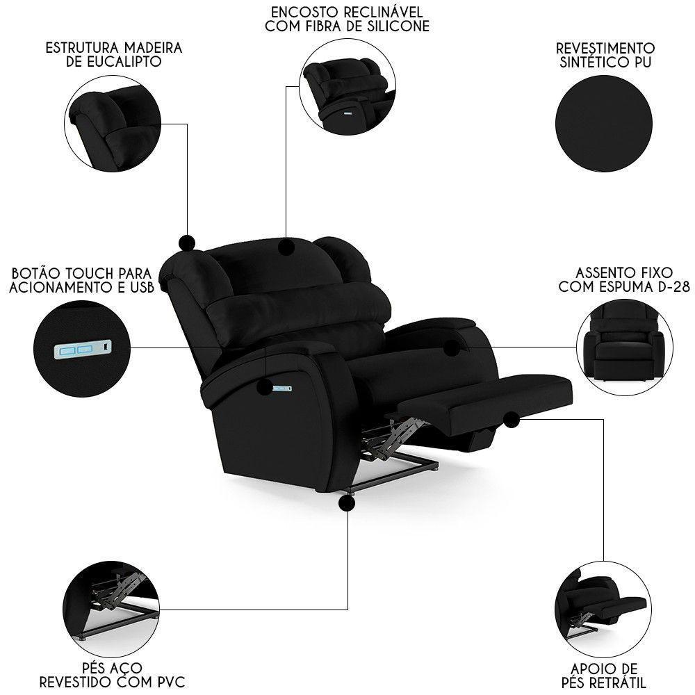 Poltrona Do Papai Reclinável Kalie Elétrica Botão Led Fh9 Pu Preto - Mpozenato - 7