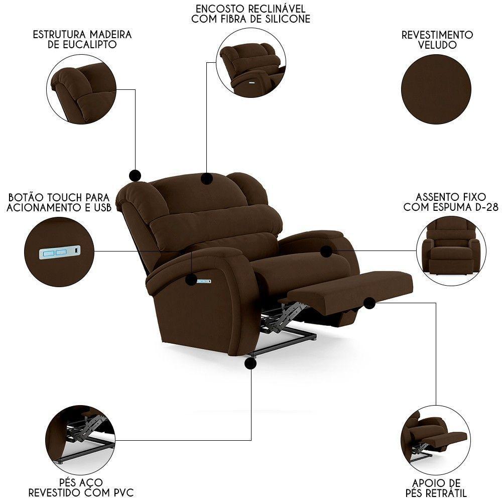 Poltrona Do Papai Reclinável Kalie Elétrica Botão Led Fh9 Veludo Marrom - Mpozenato - 6