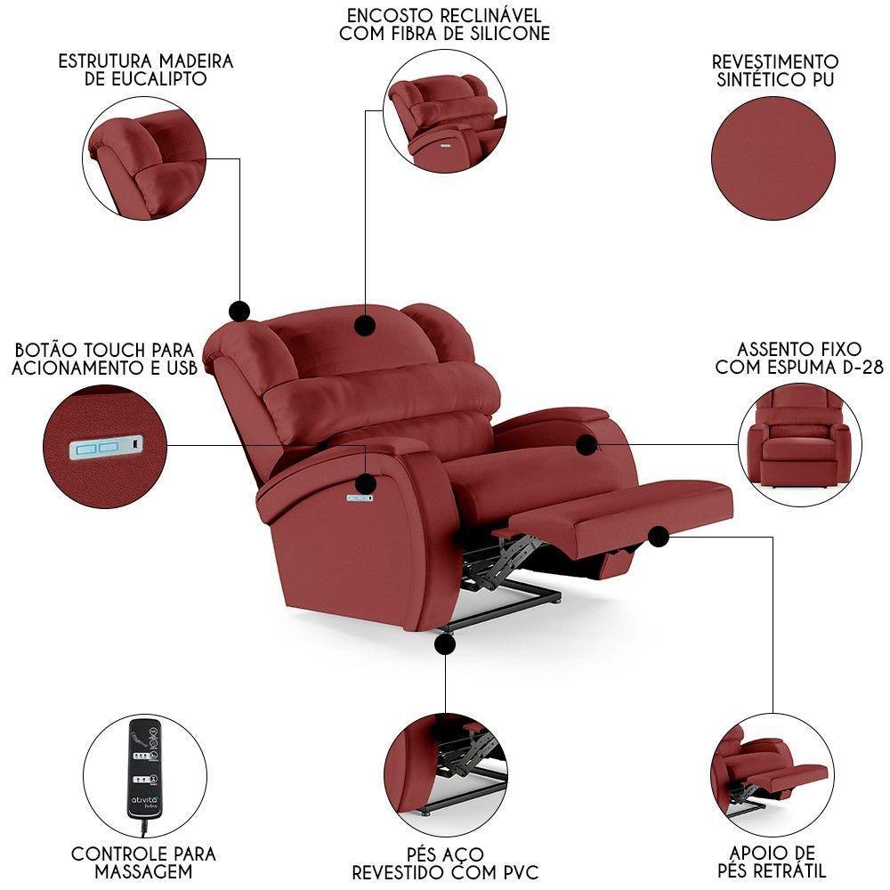 Poltrona Do Papai Reclinável Kalie Elétrica Botão Led Massagem Fh9 Pu Vermelho - 7