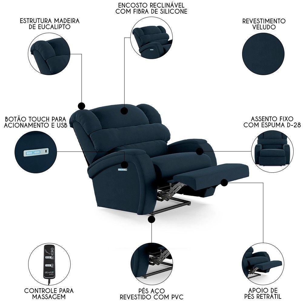 Poltrona Do Papai Reclinável Kalie Elétrica Botão Led Massagem Fh9 Veludo Azul - Mpozenato - 3