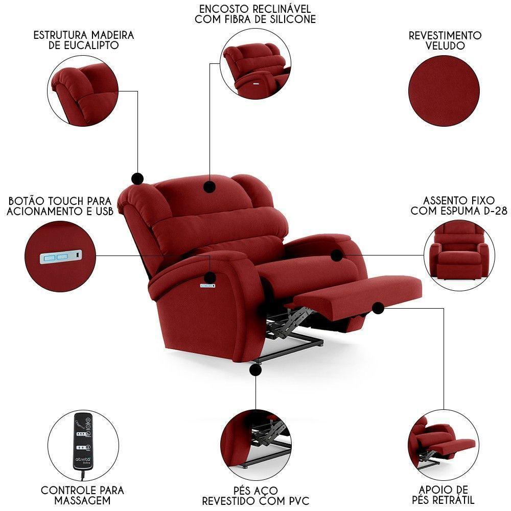 Poltrona Do Papai Reclinável Kalie Elétrica Botão Led Massagem Fh9 Veludo Vermelho - Mpozenato - 8
