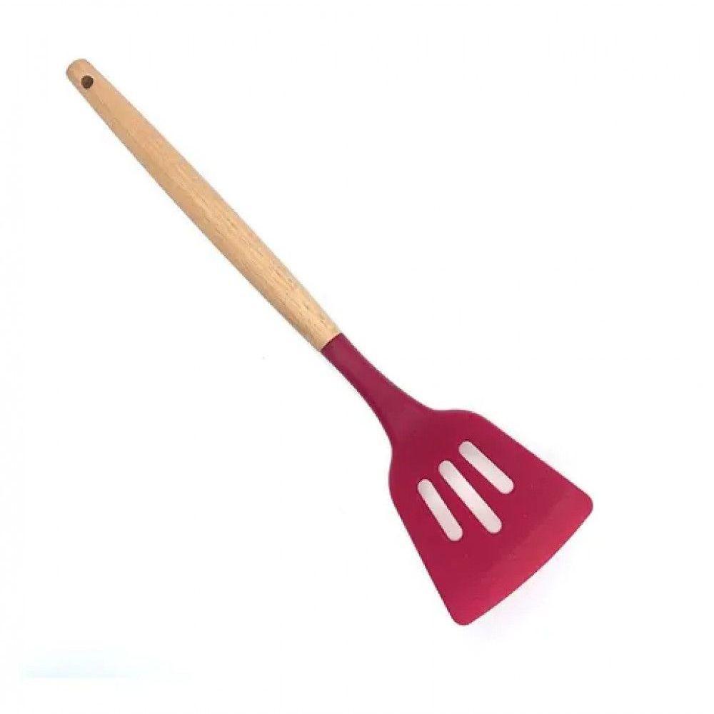 Espatula Vazada Silicone Vermelho Cabo Madeira 32 Cm - Well - 1