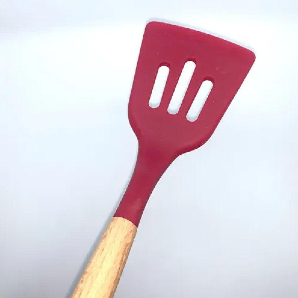 Espatula Vazada Silicone Vermelho Cabo Madeira 32 Cm - Well - 3
